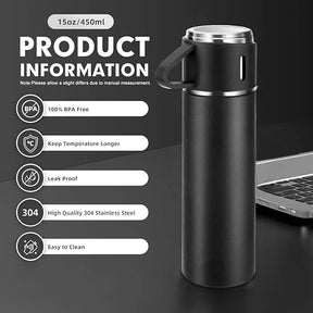 Stainless Steel Vacuum Flask Set – 500ml with 3 Cups (Gift Box)