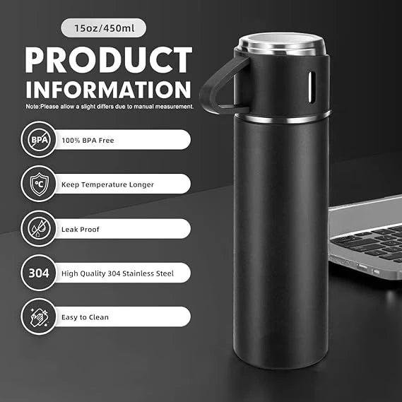 Stainless Steel Vacuum Flask Set – 500ml with 3 Cups (Gift Box)