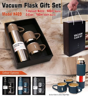 Stainless Steel Vacuum Flask Set – 500ml with 3 Cups (Gift Box)