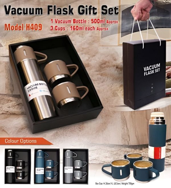 Stainless Steel Vacuum Flask Set – 500ml with 3 Cups (Gift Box)