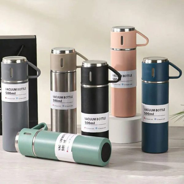 Stainless Steel Vacuum Flask Set – 500ml with 3 Cups (Gift Box)